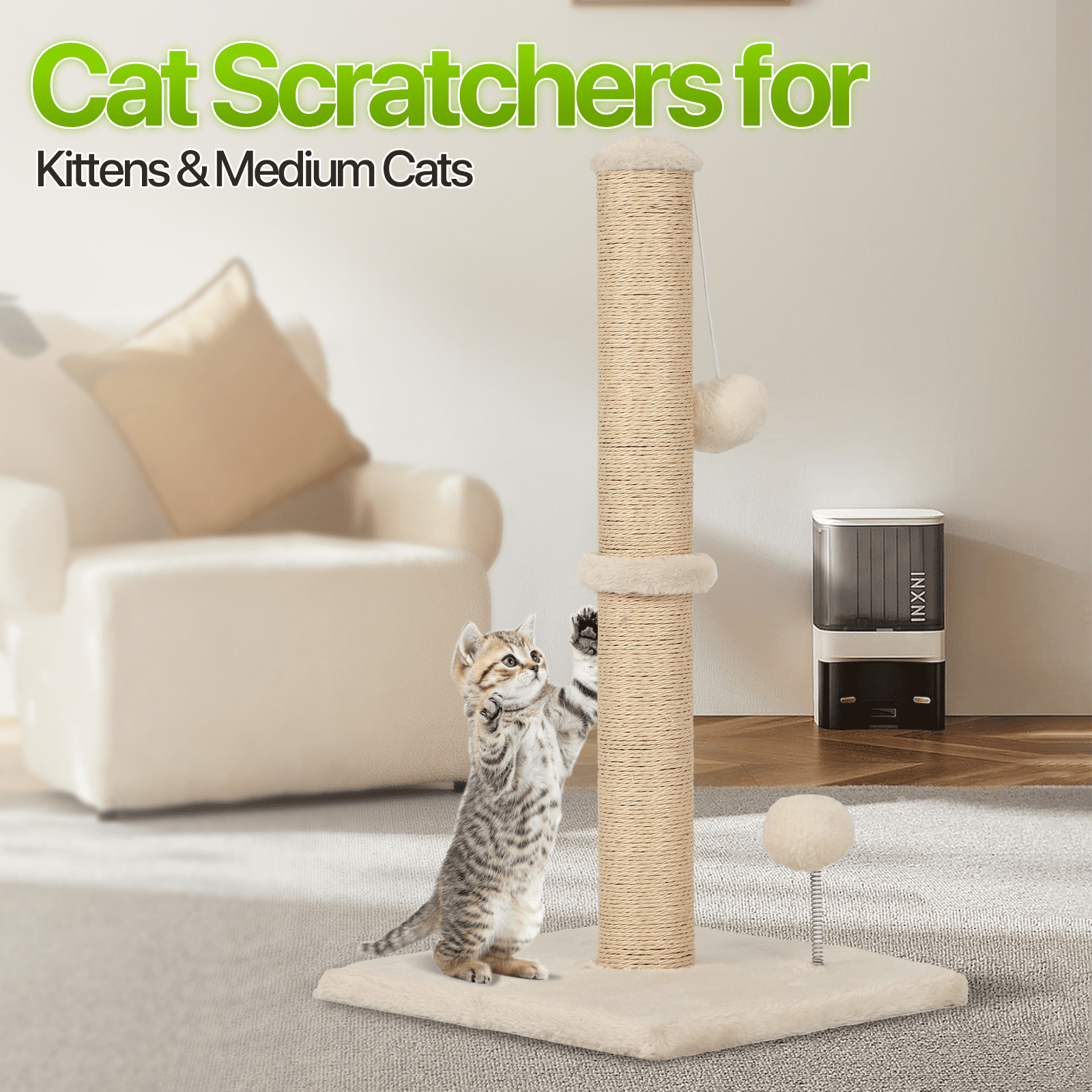 Dkelincs Cat Scratching Post with Sisal & Spring Ball Toy 33" Tall Cat Scratcher for Indoor Cats/Kittens Natural Sisal Scratch Post Trees for Living Room Bedroom, Beige