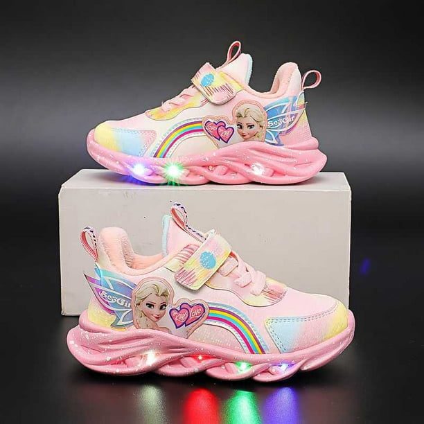 Disney niños dibujos animados Frozen princesa Elsa trenzado suave niña zapatos casuales niña estudiante deportes zapatos luz LED Shoes28-Insole 17,2 cm Gao Jinjia LED