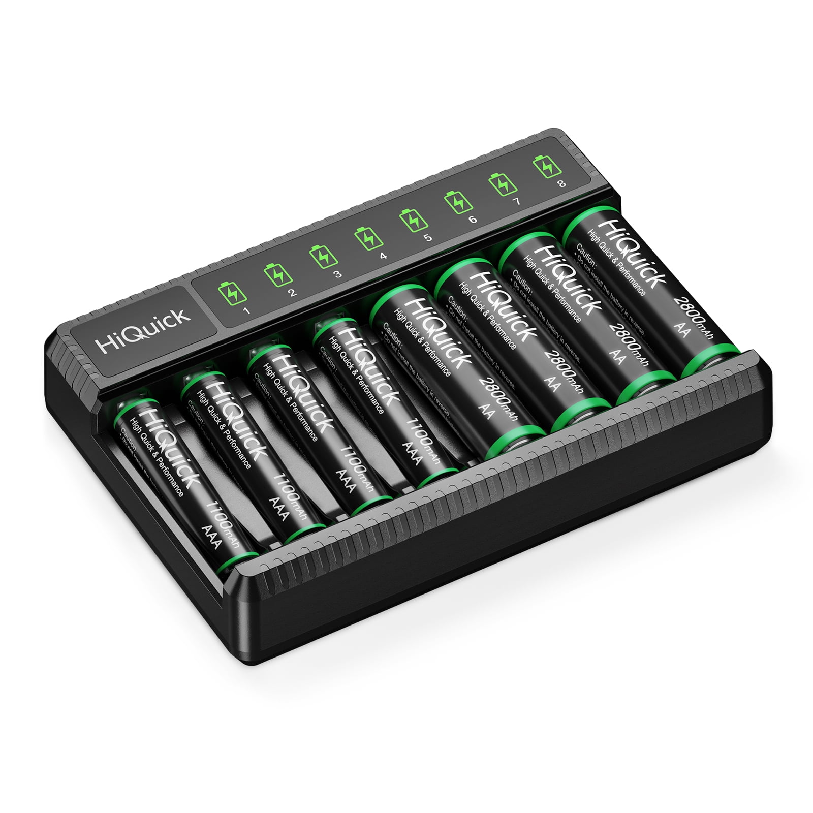 HiQuick 4 Pack 2800mAh AA and 4 Pack AAA 1100mAH Rechargeable Batteries and 8-Bay Fast Charging AAA Battery Charger for NIMH NiCd