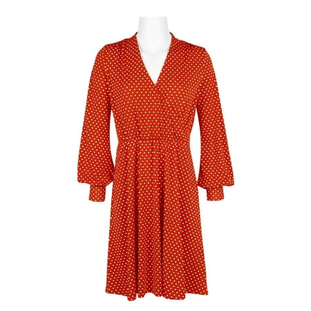 Adrianna Papell V-Neck Long Sleeve Multi Print Jersey Dress-DEEP RUST DOT / M