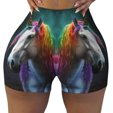 Workout Shorts Women  Colorful Haired White Horse Biker Shorts for Women Running Gym Spandex Shorts Tummy Control