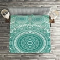 thumbnail image 2 of Teal Ombre Coverlet Set Queen Size, Mandala Pattern Boho Style Floral Dots and Stripes with Petals Ethnic Print, Quilted 3 Piece Decor Bedspread Set with 2 Pillow Shams, Teal and White, by Ambesonne, 2 of 2