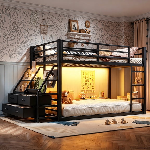 Bellemave Low Bunk Bed Twin Over Twin with Storage Drawers & Shelves, Metal Twin Loft Bed with LED Lights, Toddler Floor Bunk Beds for Small Space (Black)