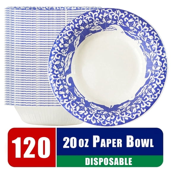 Verdelife 20 oz 120 Count Compostable Paper Bowl Porcelain Patterns White Disposable Bowls Microwavable Heavy Duty Fall Prevention