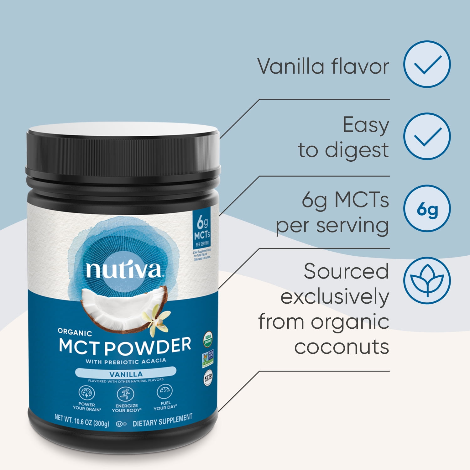 Nutiva organic mct powder with prebiotic acacia fiber, vanilla, 10.6 ounce