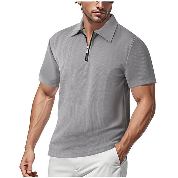QQAMB Men's Shirt Zipper V-Neck Solid Color Basic T-Shirt Trendy Casual Vacation Work Short Sleeve Tops Pullover Gray L