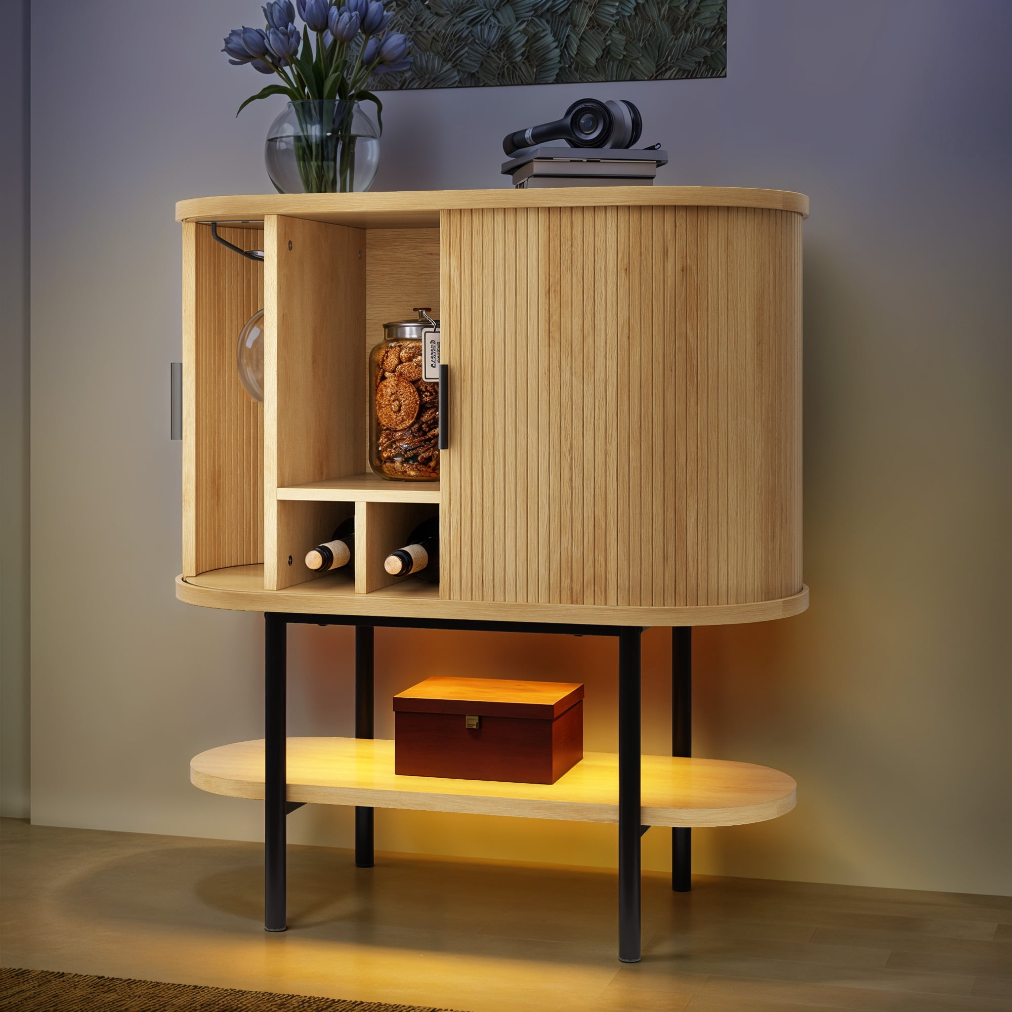 Uforic Sideboard Buffet Cabinet with 2 Sliding Tambour Doors, Modern Storage Cabinet with LED Light, Oak