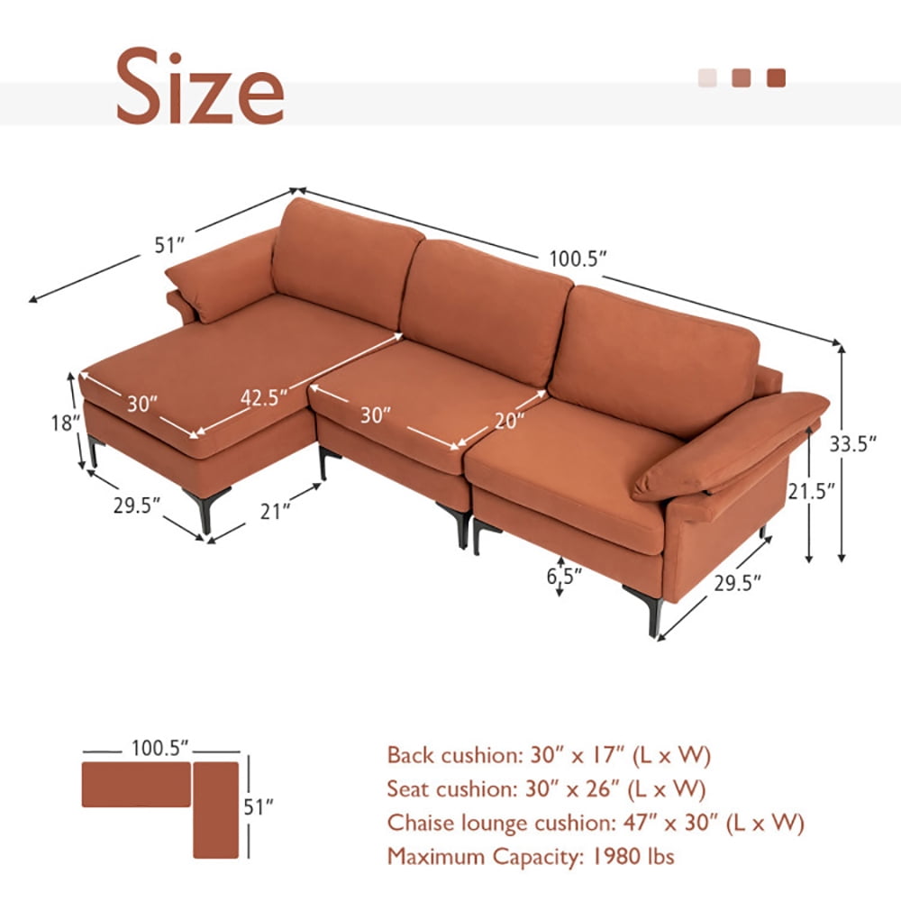 Finihen L-shaped Sectional Sofa Couch, Convertible Sectional Sofa, Extra Large Modular L-shaped Sectional Sofa with Reversible Chaise for 4-5 People, for Living Room, Rust Red