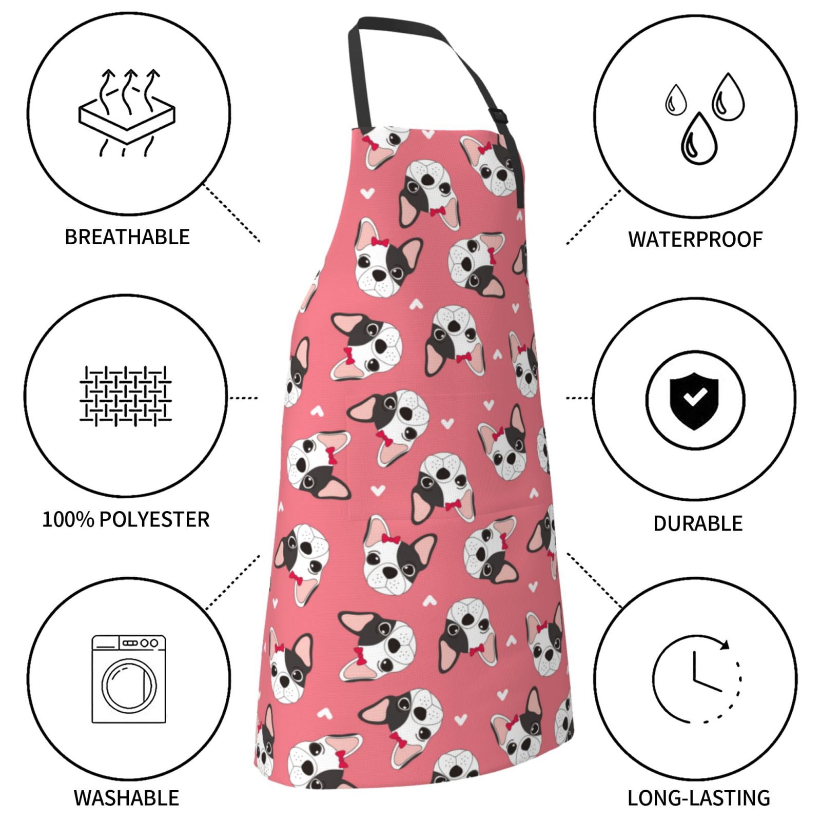 Kdxio French Bulldog Face Apron with Pockets Adjustable Kitchen Aprons for Men Women Waterproof Aprons for Cooking,Drawing,Crafting, Baking Household Cleaning
