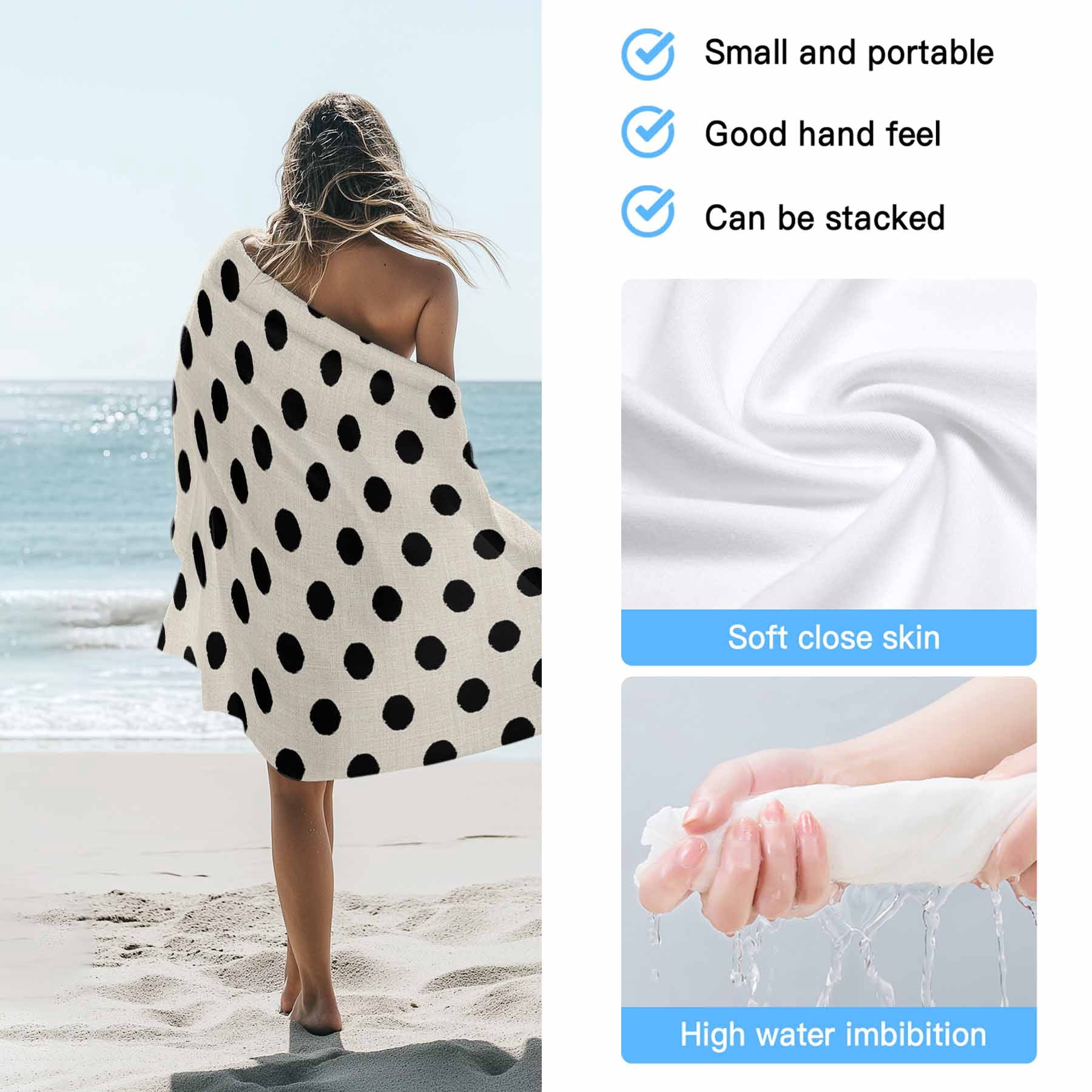 Beach Towel Black White Polka Dots Bath Pool Towels Cute Solid Color Linen Absorbent Beach Towel Soft Large Quick Dry Lightweight Camping Travel Sports Yoga Gym Swim Towels for Adult 35x70 Inch