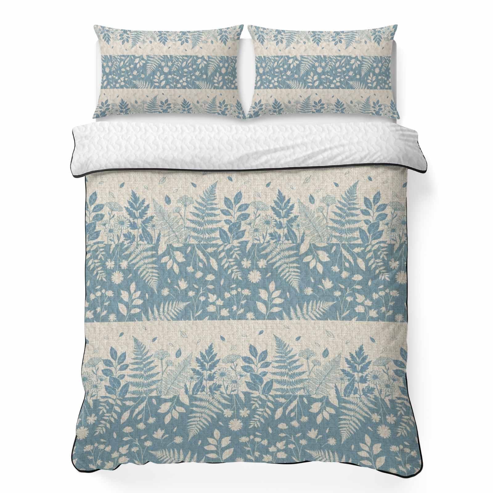 Quilts Full Size Bedding Set Beige Blue Botanical Lightweight Quilted Comforter Farmhouse Pastoral Leaves Burlap Soft Reversible Bedspread Coverlet with Pillow Covers for All Season 78 x 90