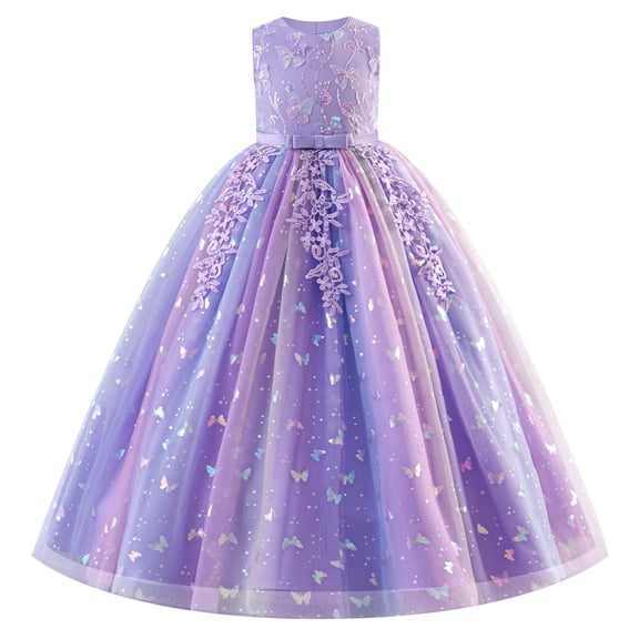 IDOPIP Sequin Flower Girl Lace Dress for Kids Wedding Pageant Formal Party Long Gown Princess Communion Tulle Dresses 5-6 Years Purple Sequin Butterfly