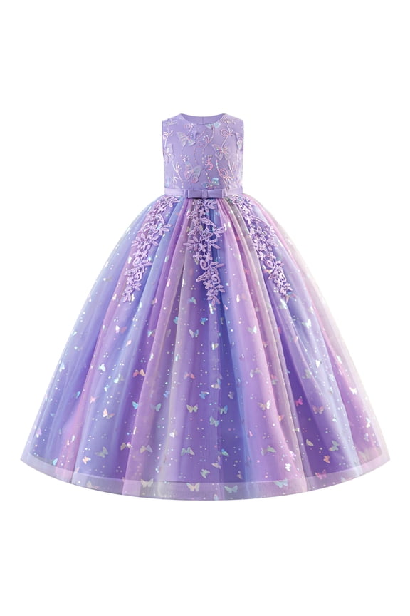 Sequin Flower Girl Lace Dress for Kids Wedding Pageant Formal Party Long Gown Princess Communion Tulle Dresses 5-6 Years Purple Sequin Butterfly