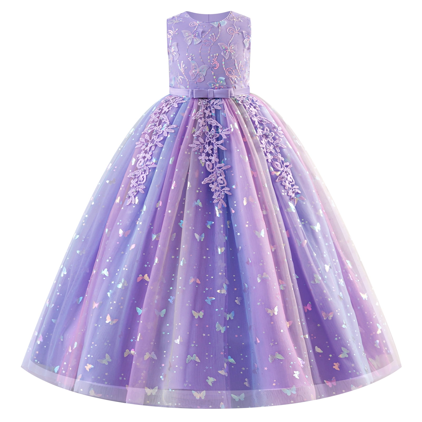 IDOPIP Sequin Flower Girl Lace Dress for Kids Wedding Pageant Formal Party Long Gown Princess Communion Tulle Dresses 5-6 Years Purple Sequin Butterfly