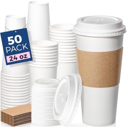 Fit Meal Prep 50 Pack 24 oz Disposable Coffee Cups with Lids, Sleeves, Leak-Proof To Go Coffee Cups with Lids, Durable Hot Paper Cups for Home, Office, Party, Business