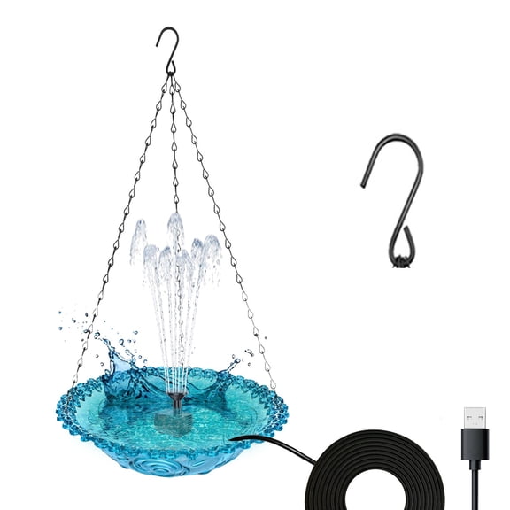 Hanging Bird Bath, USB Powered Birdbath Birdfeeder, Plastic Hummingbird Feeder Water Fountain Bird Bath for Garden Yard Outside Patio Lawn Backyard, Metal Hook