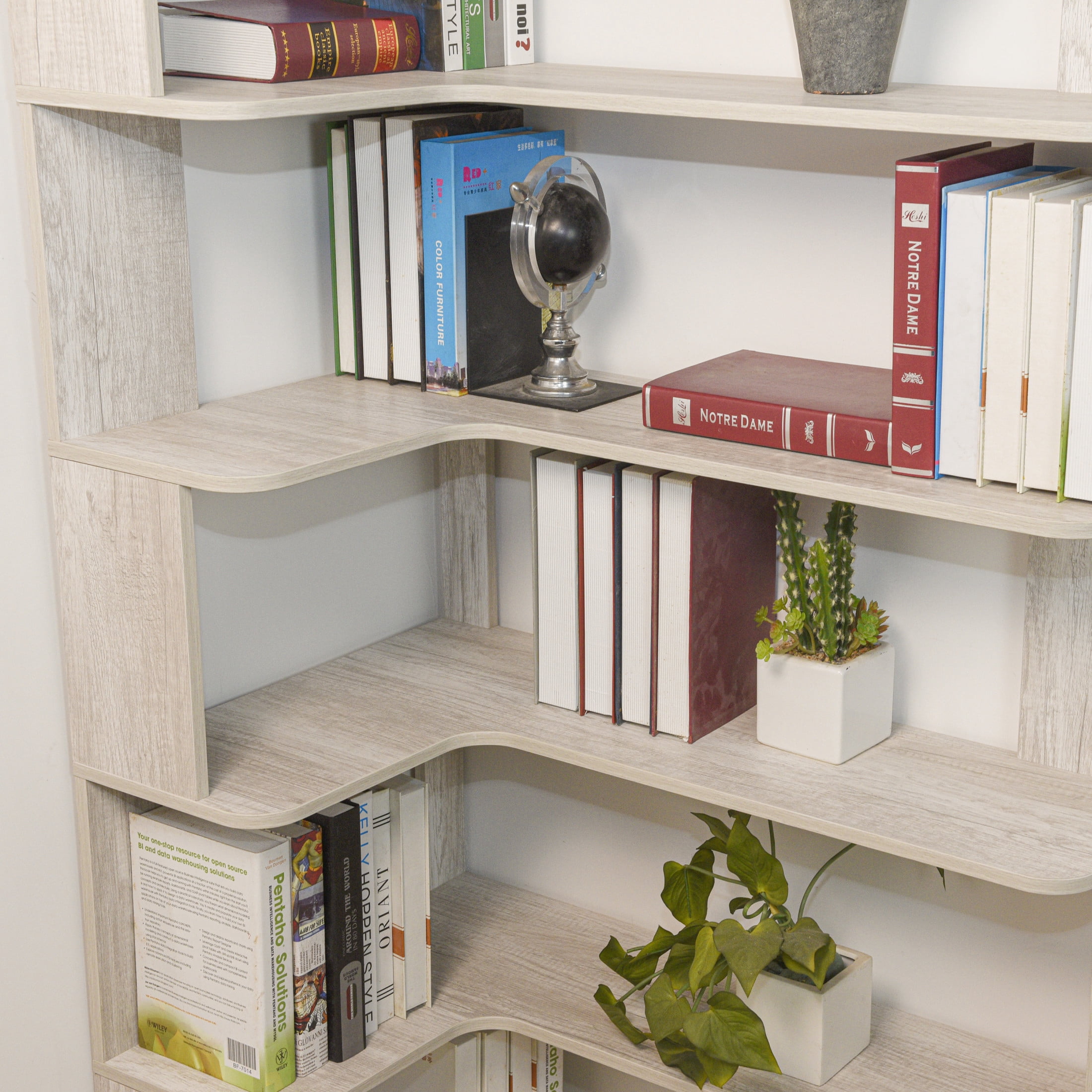 GDF Studio Derwin 5-Tier Corner Bookshelf, L-Shaped Wooden Bookcase for Living Room, Home Office, Light Gray