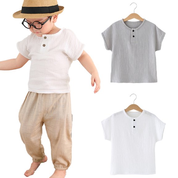 FLMEI Boys Girls Cotton Linen Shirt for Toddler Kids Boys Short Sleeve T Shirt Baby Summer Button Tees Tops 0-6 Years Old