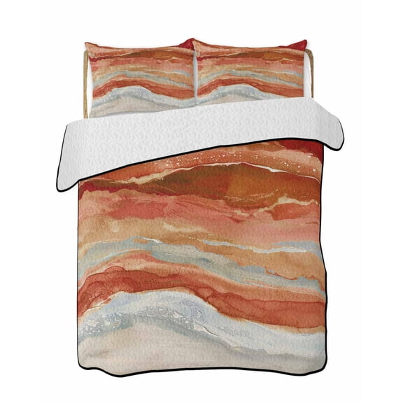 Quilts King Size Bedding Set, Burnt Orange Coastal Lightweight Quilted Comforter, Summer Beach Nautical Abstract Art Soft Reversible Bedspread Coverlet with Pillow Covers for All Season, 96" x 106"