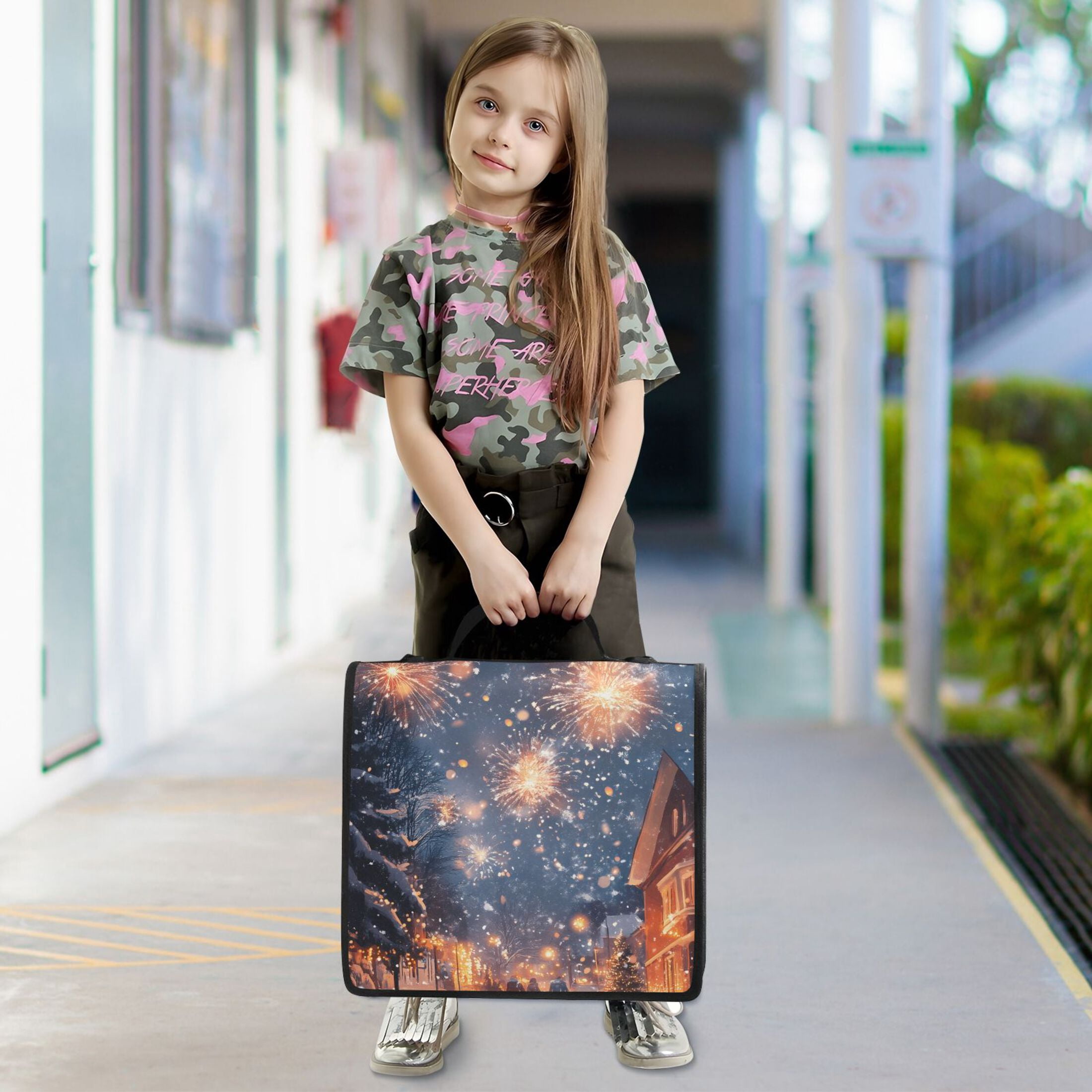 3 Ring Zipper Binder with Shoulder Strap Waterproof Trapper Keeper 2 Inch D-Ring 500 Sheets Capacity Fireworks in Sky