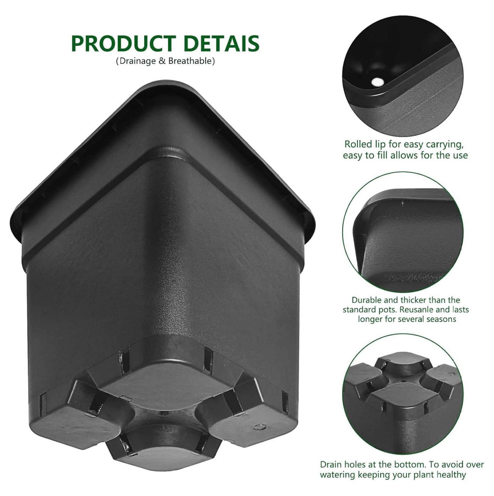RainMan 10-Pack 5 Gallon Nursery Pots, Square Plant Containers for Indoor/Outdoor Use, Black Plastic Gardening Pots, Flower & Vegetable Grow Pots