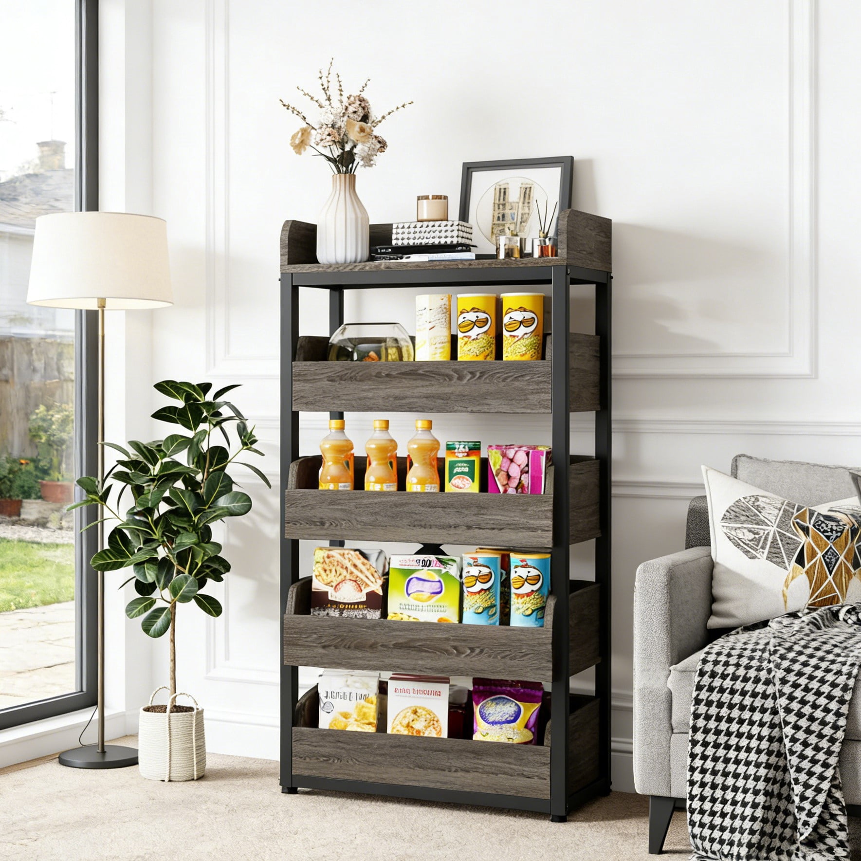 Fnova 46" 5-Tier Wood Storage Rack, Pull-Out Snack Stand Fruit Vegetable Basket Stand, Shelf Organizer with Heavy-Duty Metal Frame for Kitchen, Living Room, Bedroom