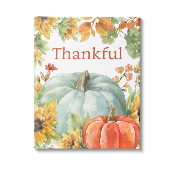 Stupell Industries Thankful with Fall Harvest Holiday Painting Gallery Wrapped Canvas Art Print Wall Art, 24 x 30