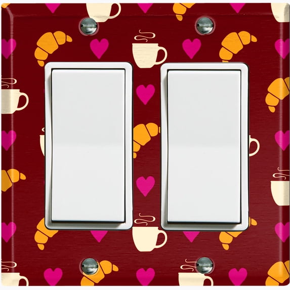 Metal Light Switch Wall Plate Outlet Cover (Coffee Espresso Mocha Cup Heart Croissant Love Pattern Brown - Double Rocker)