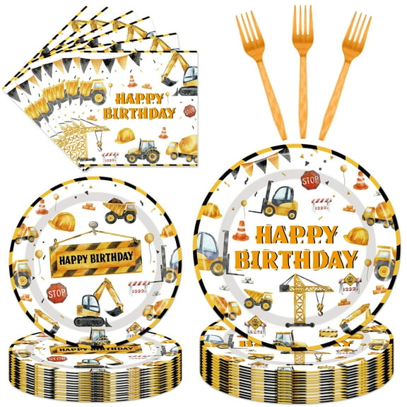 96 PCS Construction Birthday Party Supplies - Construction Theme Party Decorations Includes Paper Plates Napkins Forks Sets for Boys Kids Birthday Party Serves 24 Guests