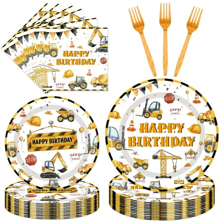 96 PCS Construction Birthday Party Supplies - Construction Theme Party Decorations Includes Paper Plates Napkins Forks Sets for Boys Kids Birthday Party Serves 24 Guests