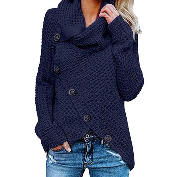 JUNTEX Womens Winter Autumn Long Sleeve Pullover Tops Turtleneck Oblique Buttons Waffle Knitted Sweater Irregular Hem Loose Sweatshirt