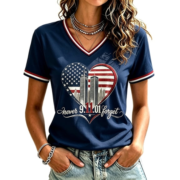 AHMOMEI Women's 9/11 25th Anniversary Shirt American Flag Print We Will Never Forget 911 T Shirt Vintage Patriotic Courage Hope 9 11 Memorial Shirt Navy XXXL