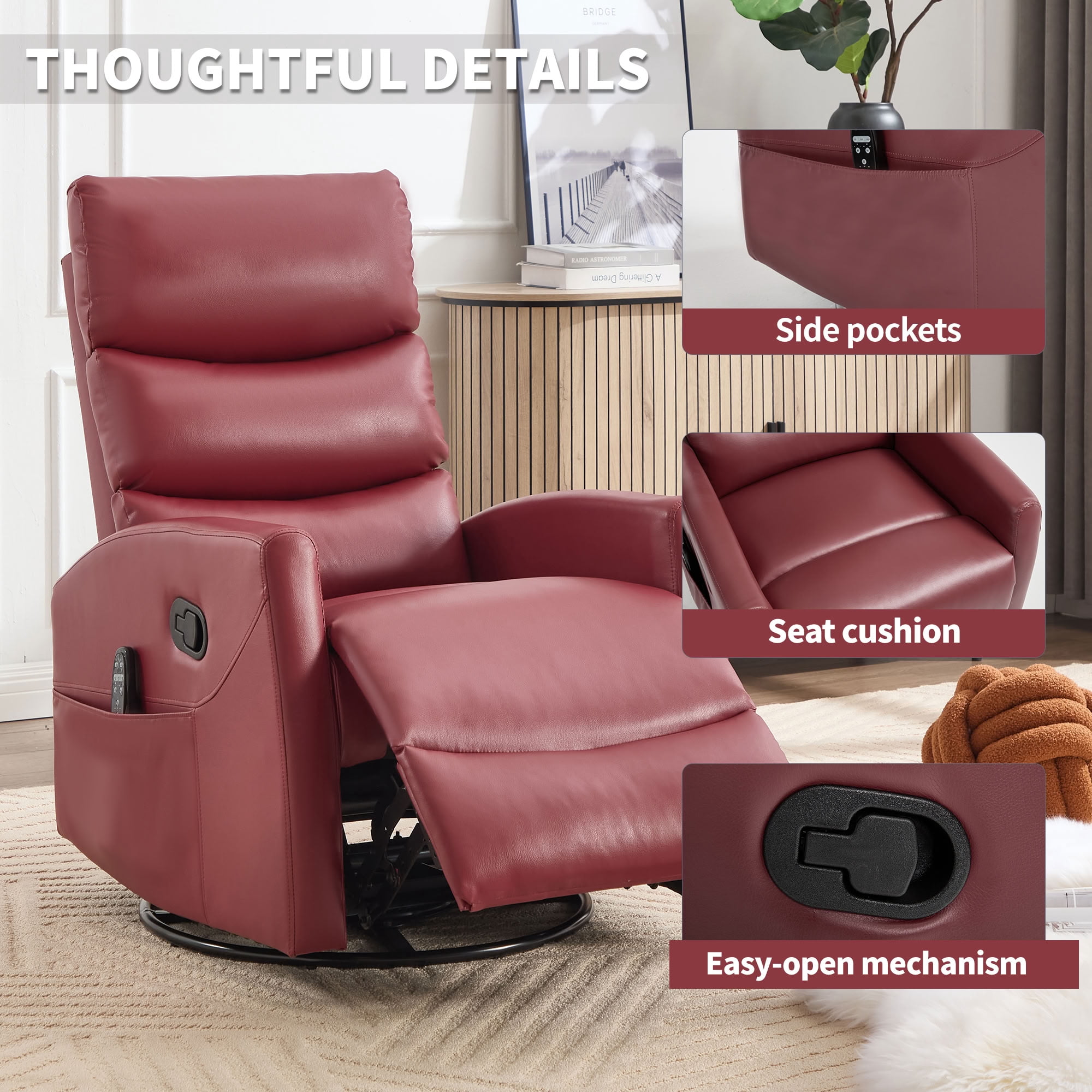 MAYEERTY 360 Degree Swivel Rocker Recliner Chair, Manual Recline Faux Leather Glider Chair with 8-Point Vibration Massage & Lumbar Heat, for Living Room Nursery Bedroom