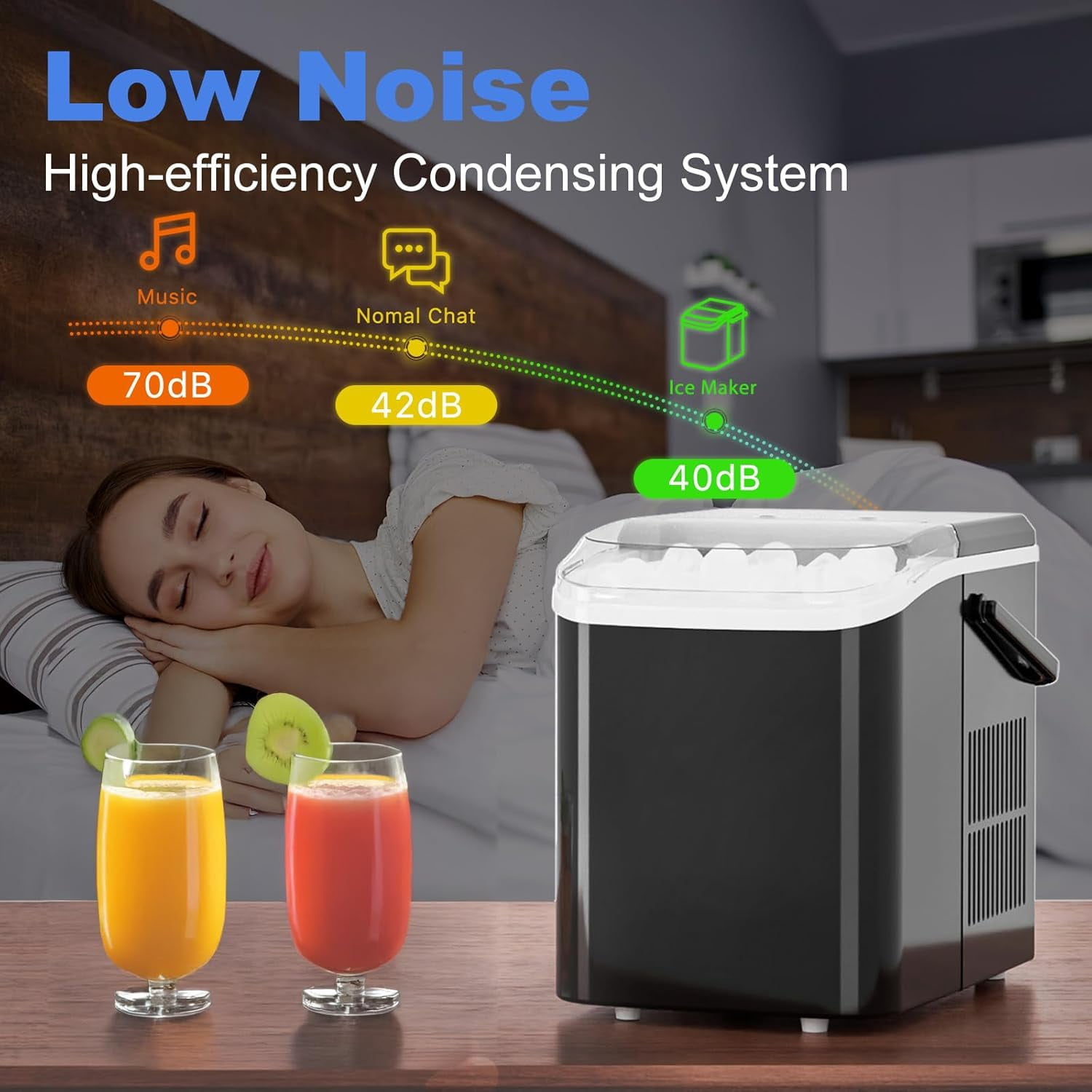 Ice Makers Countertop with Handle, Portable Ice Machine, 9 Bullet Cubes in 6 Mins, 26lbs in 24Hrs, Auto-Cleaning, with Basket and Scoop, for Home, Kitchen, RV, Camping, Black