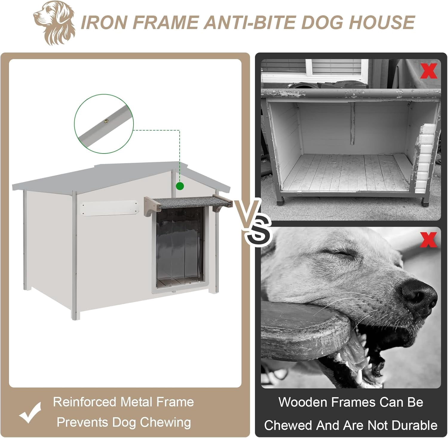 Gowoodhut Outdoor Dog House with Chew-Proof Iron Frame, Wooden Dog Kennel Weatherproof for Large and Medium Dog, 40.2" L x 26.4" W x 33.5" H