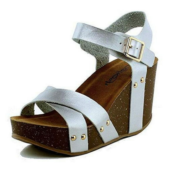 Refresh Mara-05 Wedge Sandals Silver Vegan Leather Open Toe Platform Sandals (Silver, 7.5)