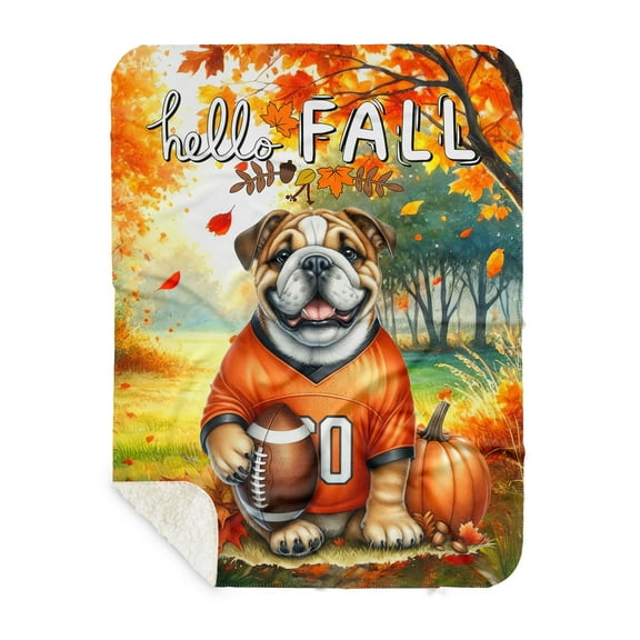 Hello Fall Bulldog Football Welcome Autumn with Leaves Pumpkins Cozy Sherpa Blanket Dog Lover Gifts Idea Warm Soft Throw Blanket - 00012