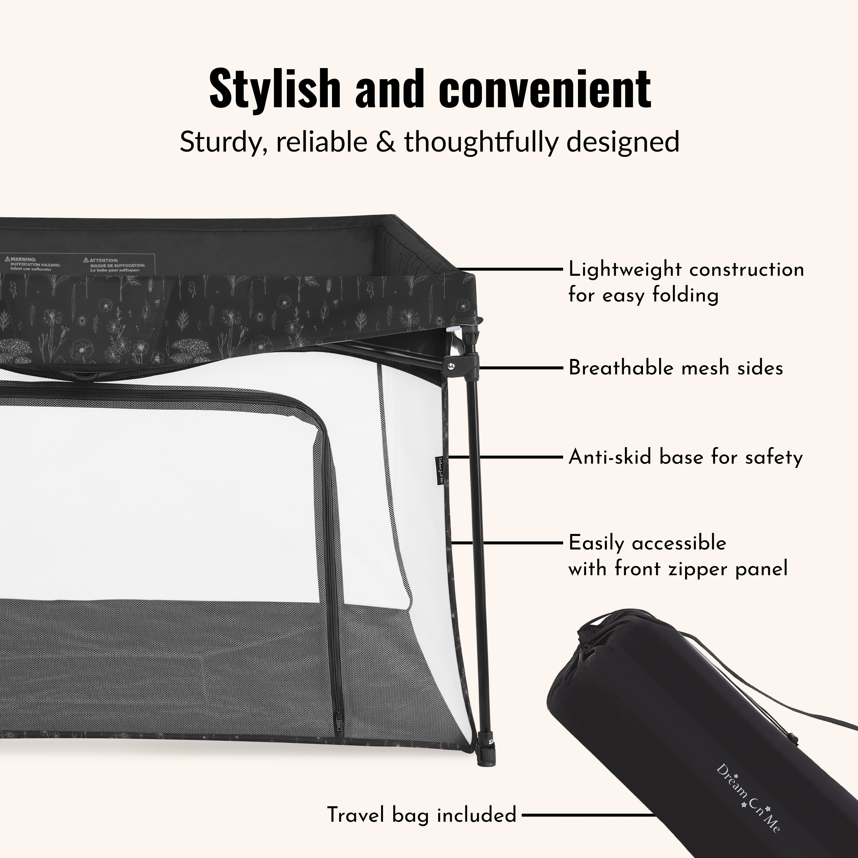 Dream On Me Ziggy Square Playpen, Black and White, Unisex