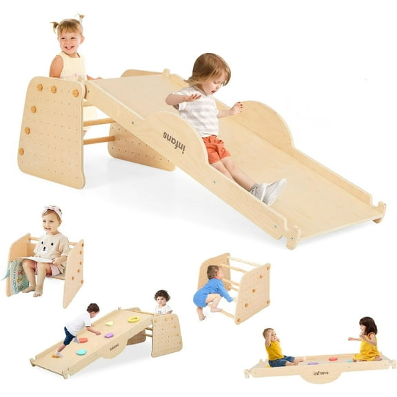 OLAKIDS 7 in 1 Climbing Toys for Toddlers, Upgrade Wooden Montessori Cube Climber Set with Reversible Ramp Slide Ladder Seesaw, Indoor Pikler Climb Activity Jungle Gym Present for Kids Age 3