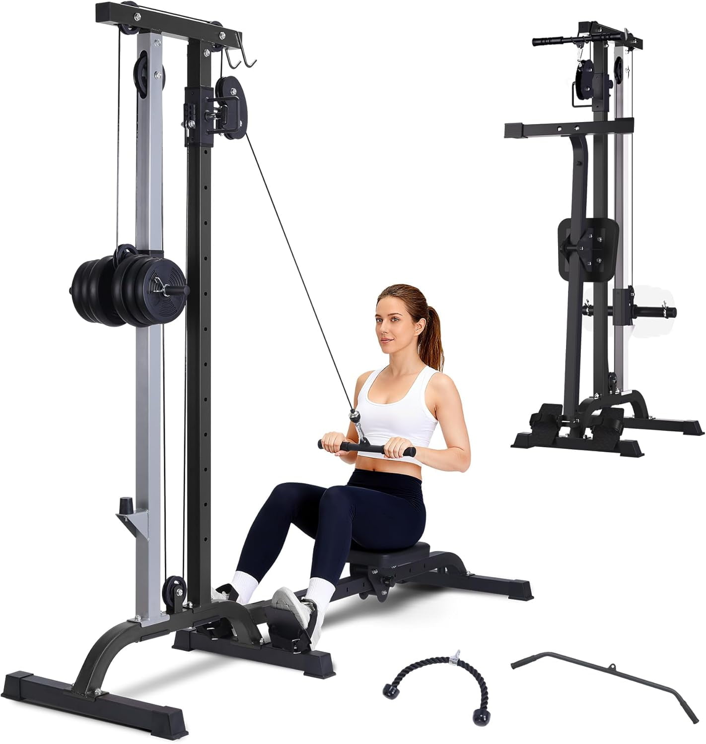 GARVEE 2 in 1 Cable Crossover Machine & Lat Pull Down Machine with Adjustable Weight and Seat,Multi-Function Compact Rowing Machines for Home Gym,Black