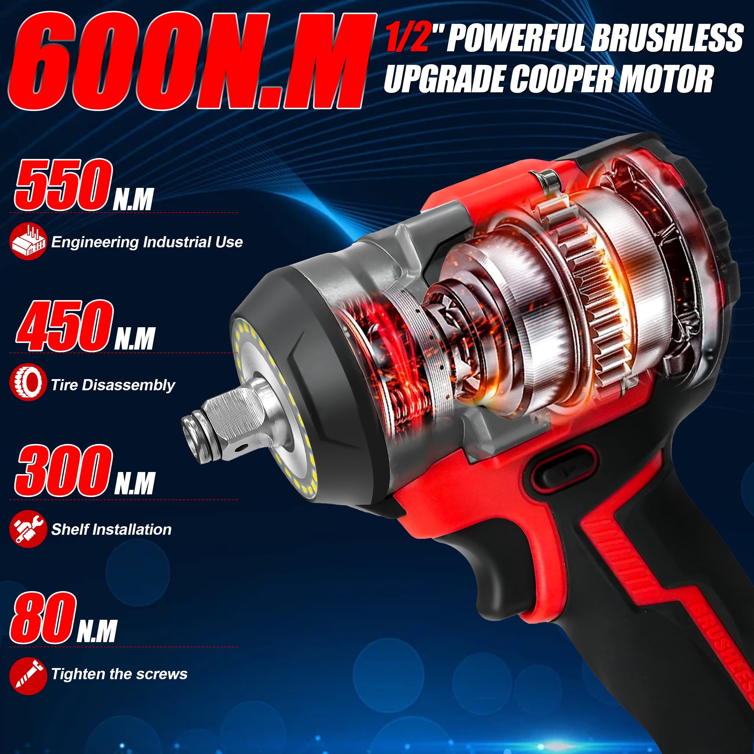600 N.m Cordless Impact Wrench, 400 Ft-lbs 1/2 inch Electric Impact Gun, High Torque Brushless Impact Wrench w/ 2x 4.0Ah Battery, Fast Charger & 5 Sockets