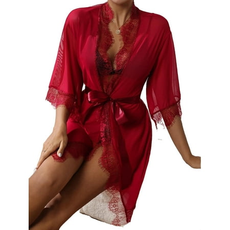 

Sexy Contrast Lace Deep V Neck Long Sleeve Sleepwear Burgundy Women s Robes