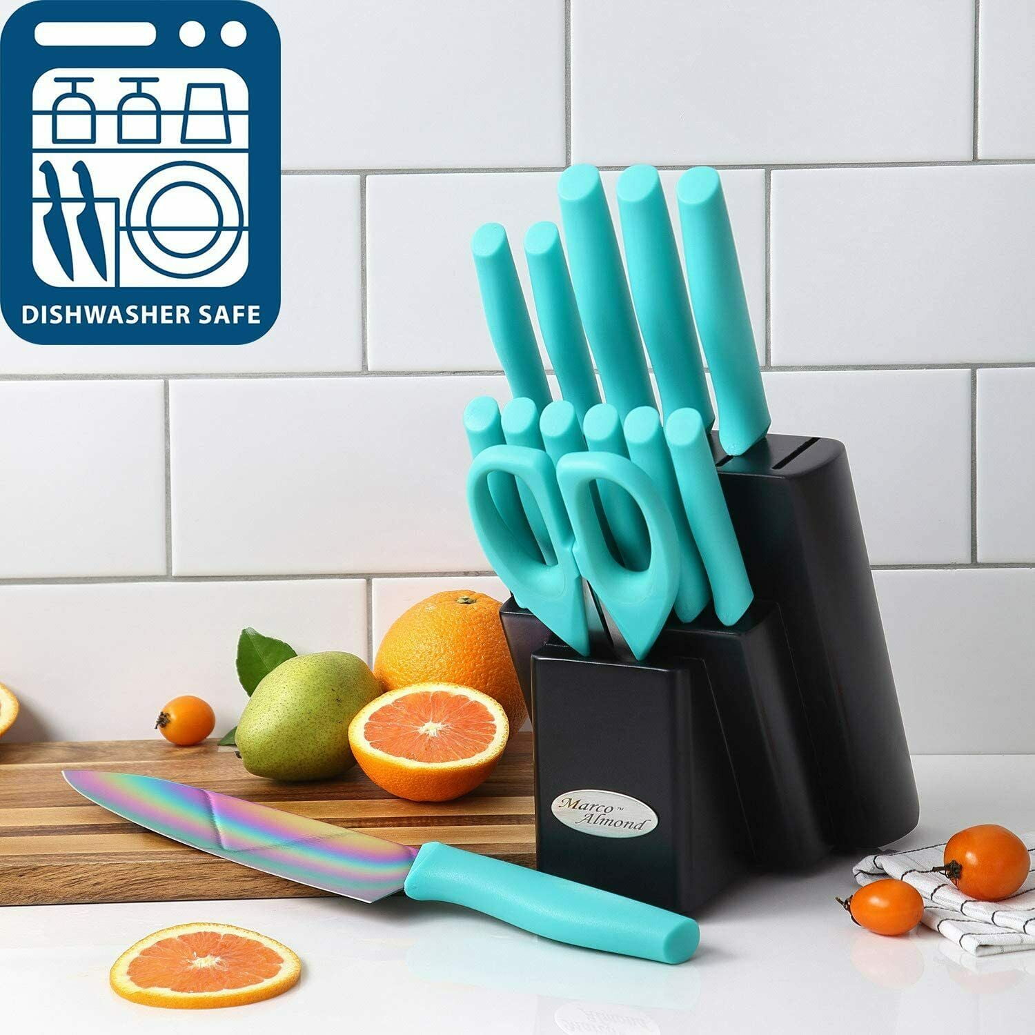 Kitchen Knife Set DISHWASHER SAFE Marco Almond  KYA27 14PC Rainbow Kitchen Knife Block Set,Titanium Cutlery Knife Set,Teal