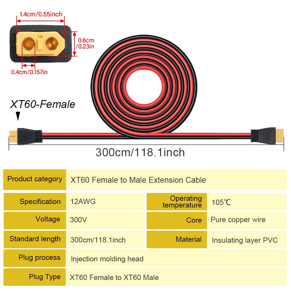 Hormy 12AWG 10FT XT60 Extension Cable, Female to Male Connector for RC Battery, Battery Pack, Solar Generator, Portable Power Station, Solar Panel