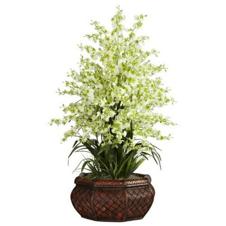Nearly Natural Large Dancing Lady with Round Vase Silk Flower Arrangement, Green