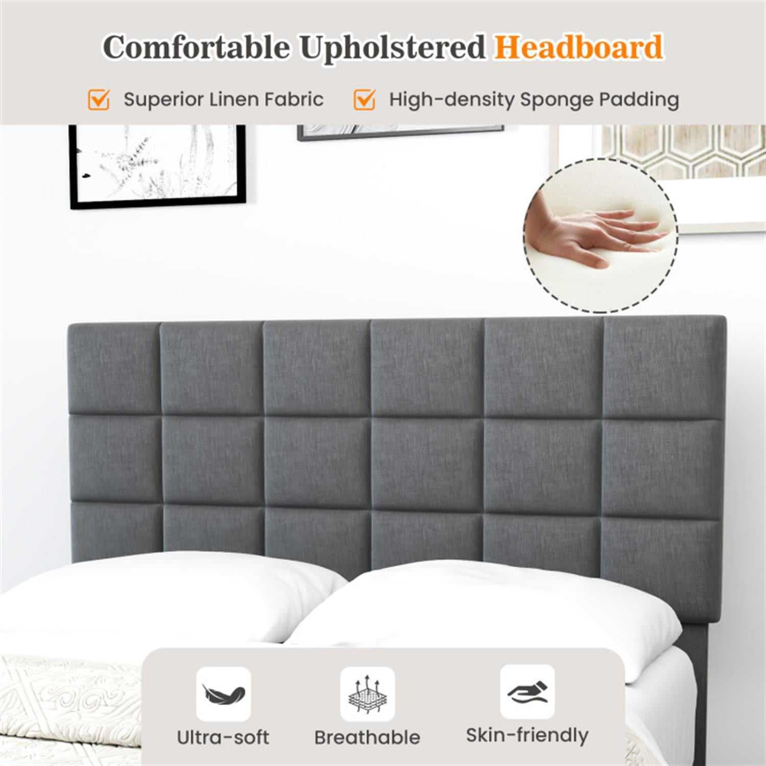 Demi Bonn Full Size Bed Frame with Adjustable Headboard, Modern Linen Platform Bed Frame with 10 Strong Wood Slat Support, No Box Spring Needed, Gray