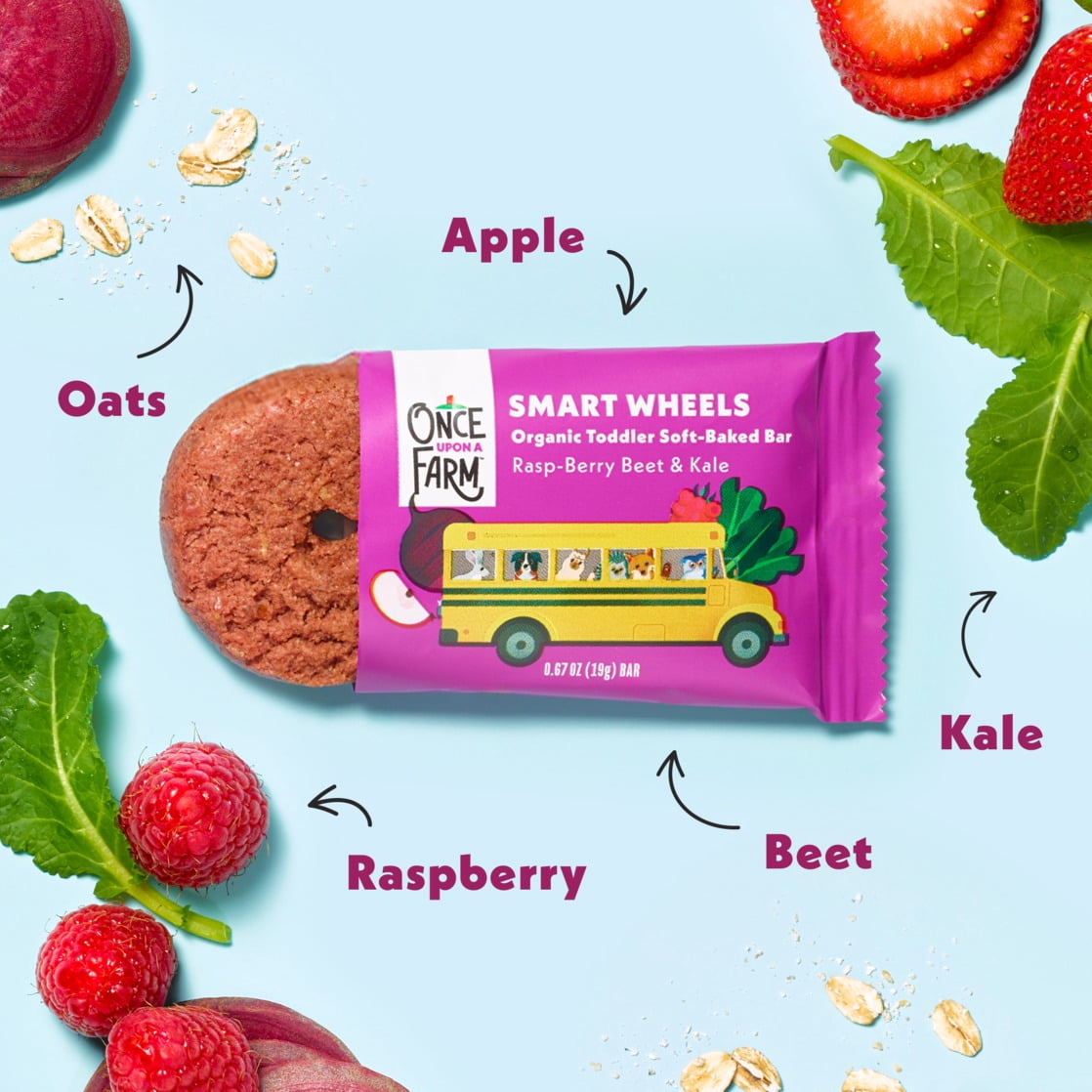 Once Upon a Farm Organic Smart Wheels Toddler Bar, Rasp-Berry & Kale, 5ct