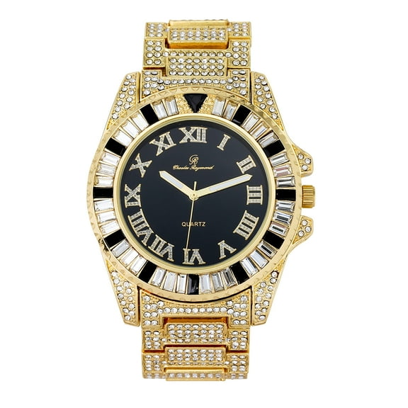 Baguette Cut Diamond Crystal Bling'ed Out Mens Watch - No Reasonable Doubt This is The Timepiece to Flaunt The Wealth - ST10372 (ST10414Gold Metal Blk Combo)