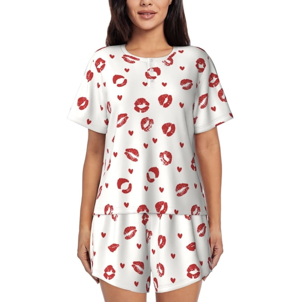 Fotbe Lips Kiss Conjunto de Pijama Estampado para Mujer, 2 Piezas, Ropa de Dormir con Camiseta de Manga Corta y Shorts Suaves-4X-Large
