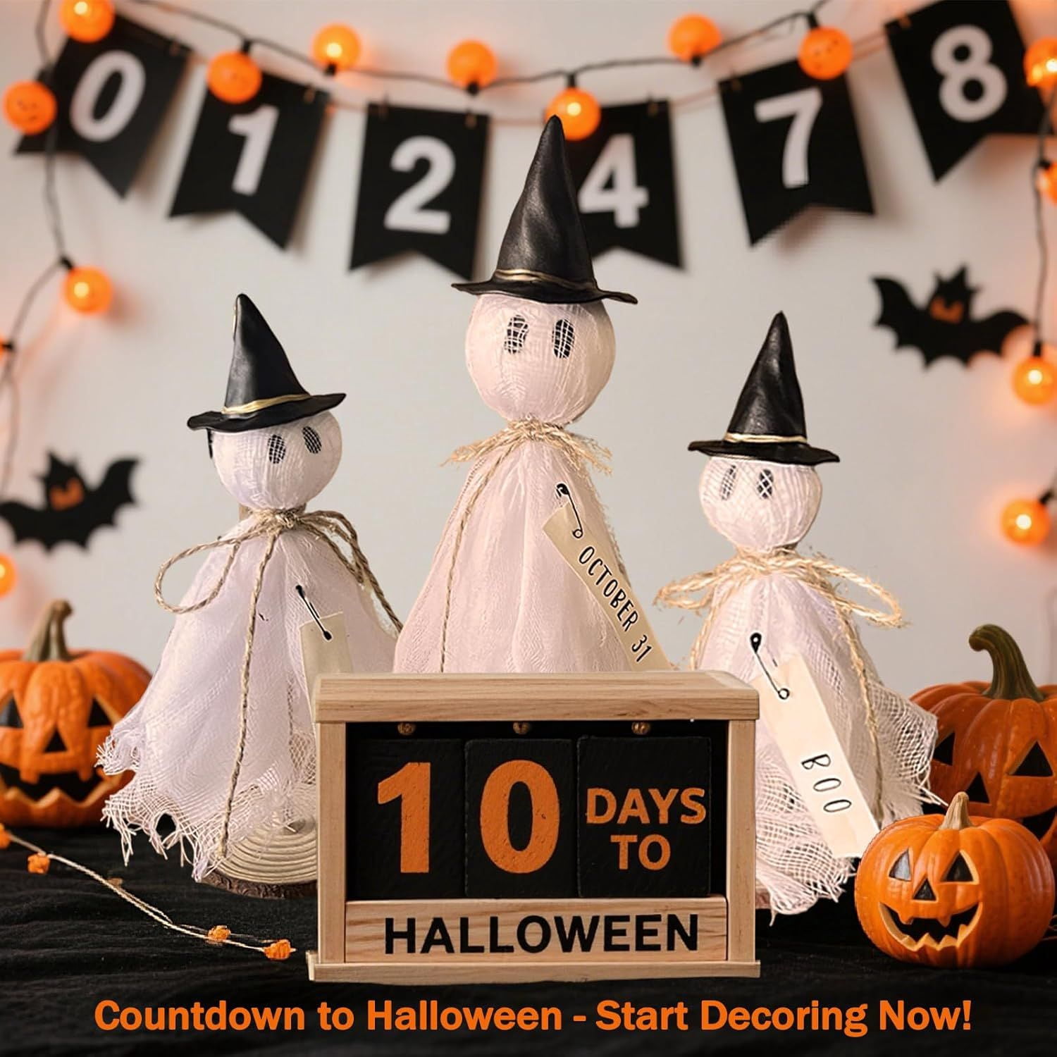 Primitive Halloween Ghost Set with Wizard Hats on Wooden Stands for Rustic Home Decor